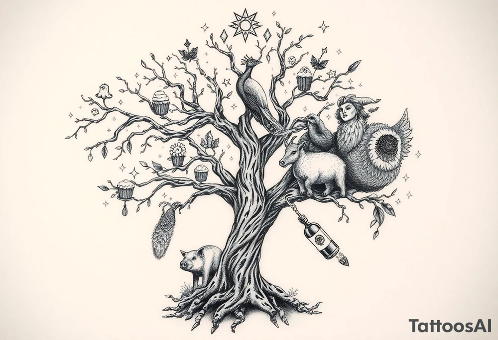 mystical tree with  and celestial branches fat naked sexy woman , peacock , pig , cupcakes, liquor, cigerette, Storm clouds, pig, peacock , fat sexy naked fat woman, cake,  noose , money, goat lion, man having sex, cigerette, storm lightening, killing, darkness death, violent majestic creatures tattoo idea