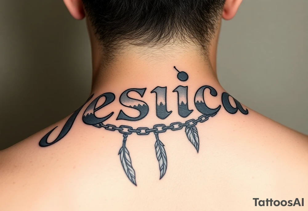 the name jessica with 3d shaded letters a healing vibe with broken chains and angel feathers tattoo idea