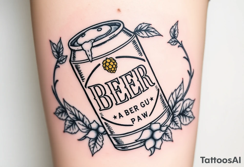 A vintage-style beer can with a retro label, featuring bold typography, a golden hop emblem, and subtle weathered textures. The can is slightly tilted, with frothy foam dripping over the top, and surrounded by barley stalks and hop vines tattoo idea