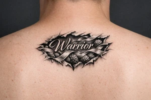 Warrior in cursive with silk le cells ribbon tearing out of skin tattoo idea