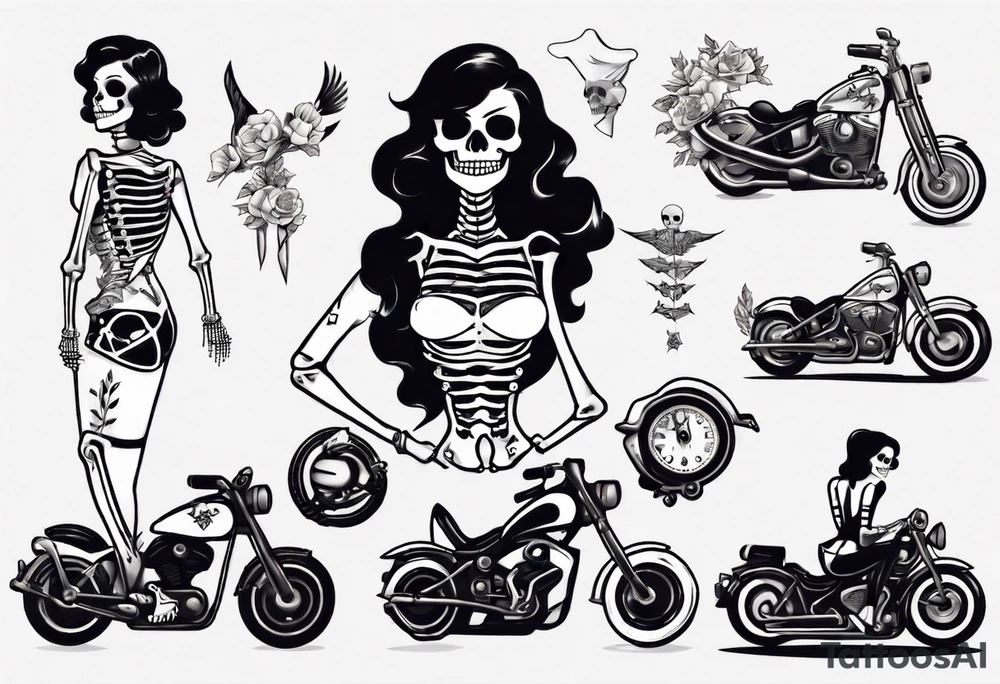 Skeleton pinup doll and motorcycle tattoo idea