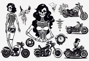 Skeleton pinup doll and motorcycle tattoo idea