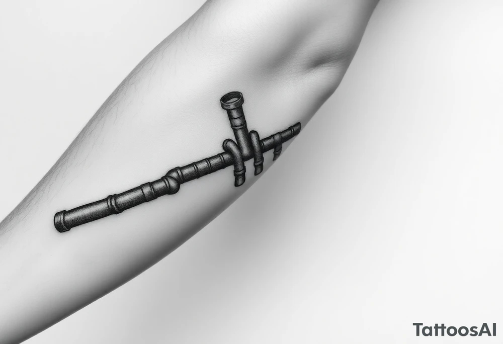 Top pipe starts closer to the elbow, long System of pipes that transitions and transforms into veins of forearm tattoo idea