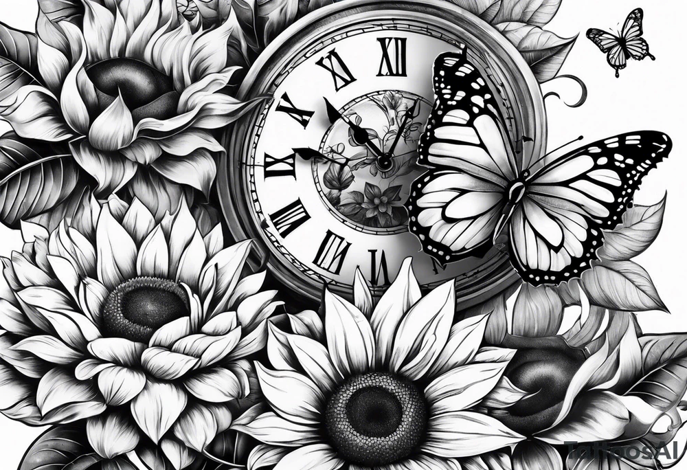 Sleeve with clock, sunflower and butterfly tattoo idea
