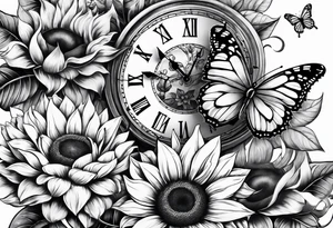Sleeve with clock, sunflower and butterfly tattoo idea