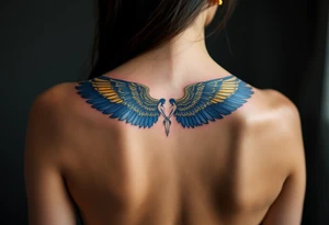 A winged Isis in royal blue and gold, with arms stretched gracefully across the upper back, symbolizing motherhood and protection. tattoo idea