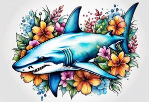 Hammerhead shark with flowers tattoo idea