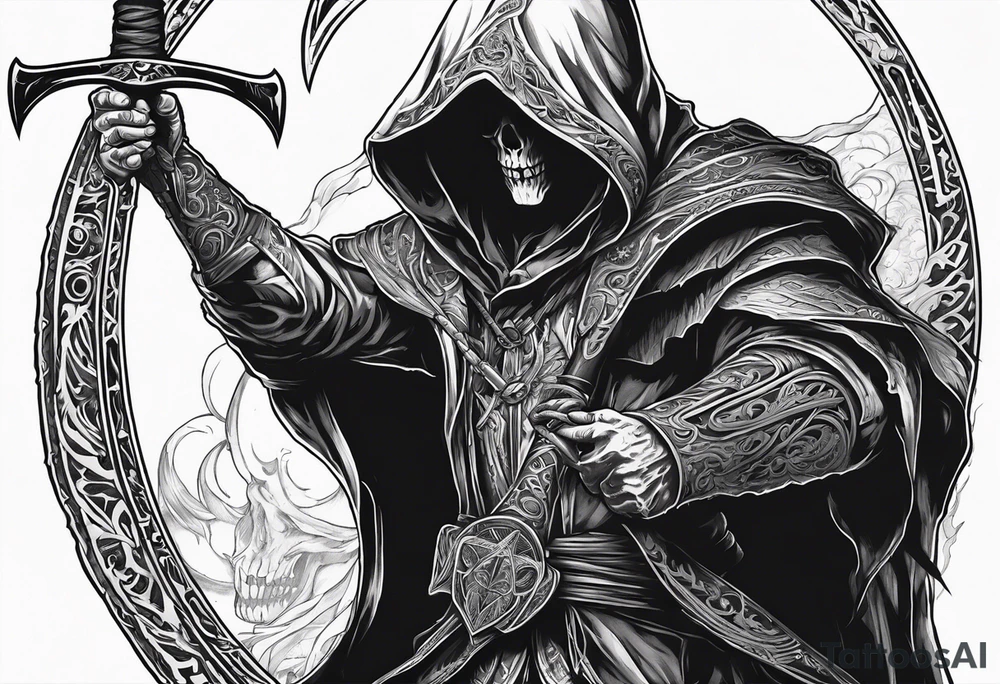 hooded human warlock holding a large scythe in 1 hand and raising a skeletal warrior under his other hand that is glowing tattoo idea