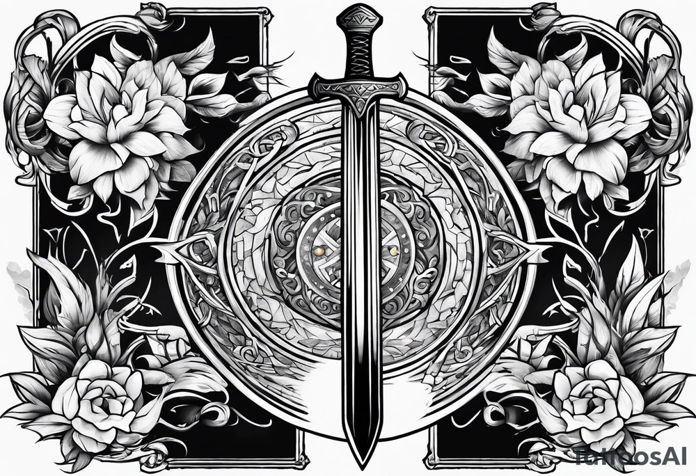 sword with fire in backgrond tattoo idea