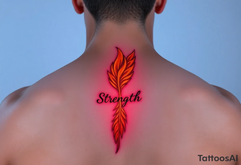 A golden phoenix feather with a fiery red glow, featuring the word "Strength", symbolizing resilience and passion in love tattoo idea