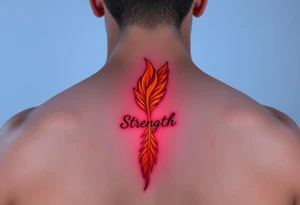 A golden phoenix feather with a fiery red glow, featuring the word "Strength", symbolizing resilience and passion in love tattoo idea