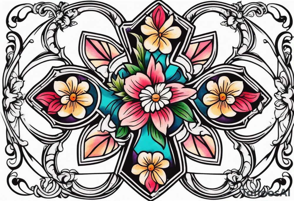 plain cross surrounded 
 with flowers and twisted around cross
 colorful tattoo idea