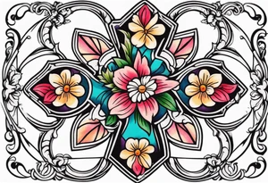 plain cross surrounded 
 with flowers and twisted around cross
 colorful tattoo idea