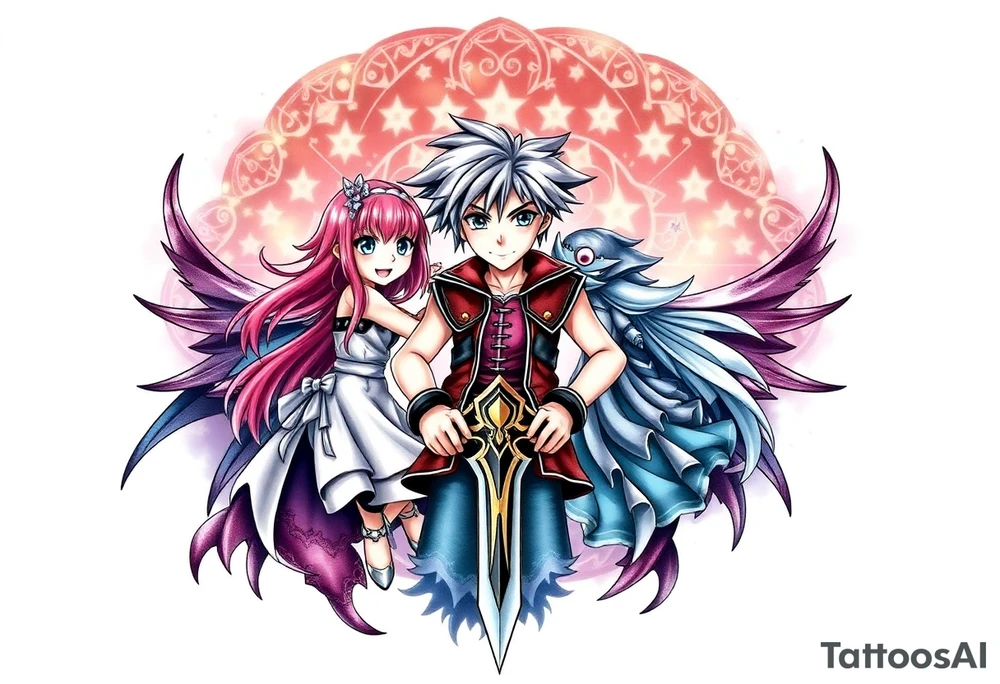 Exact Kingdom Hearts design featuring sora, kairi, riku together in a dynamic, united pose. The centerpiece should include the soras Keyblade, with a beautiful and ethereal dark Kingdom Hearts-inspired background—think glowing stars, floating islands, and stained-glass elements in backroung. The design should capture themes of friendship, light vs. darkness, and adventure. Style should be detailed, fantasy-oriented, and suitable for a large piece tattoo idea