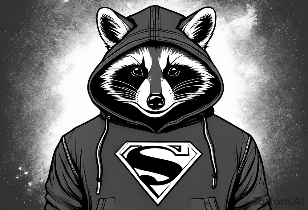 raccoon wearing a Superman hoodie tattoo idea