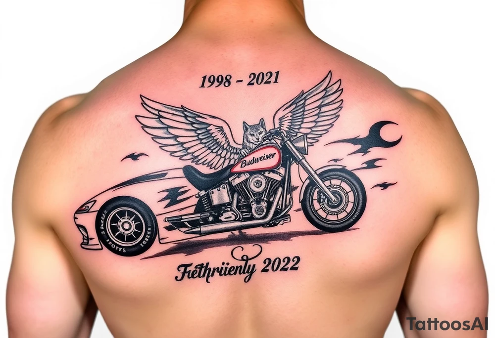 Dale Earnhardt car on it with the year 1958 - 2021 intertwined with a motorcycle with a Budweiser logo on it with a guardian angel wolf tattoo idea