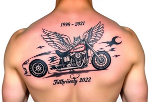 Dale Earnhardt car on it with the year 1958 - 2021 intertwined with a motorcycle with a Budweiser logo on it with a guardian angel wolf tattoo idea