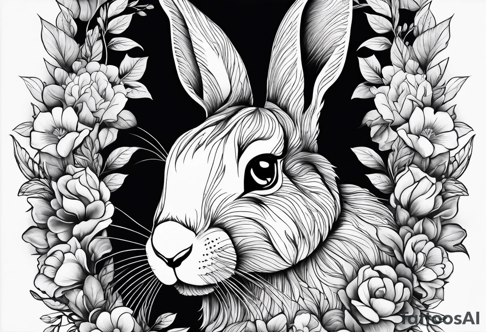 Realistic rabbit head in the middle of realistic flowers and leaves tattoo idea