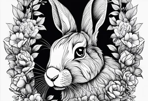 Realistic rabbit head in the middle of realistic flowers and leaves tattoo idea