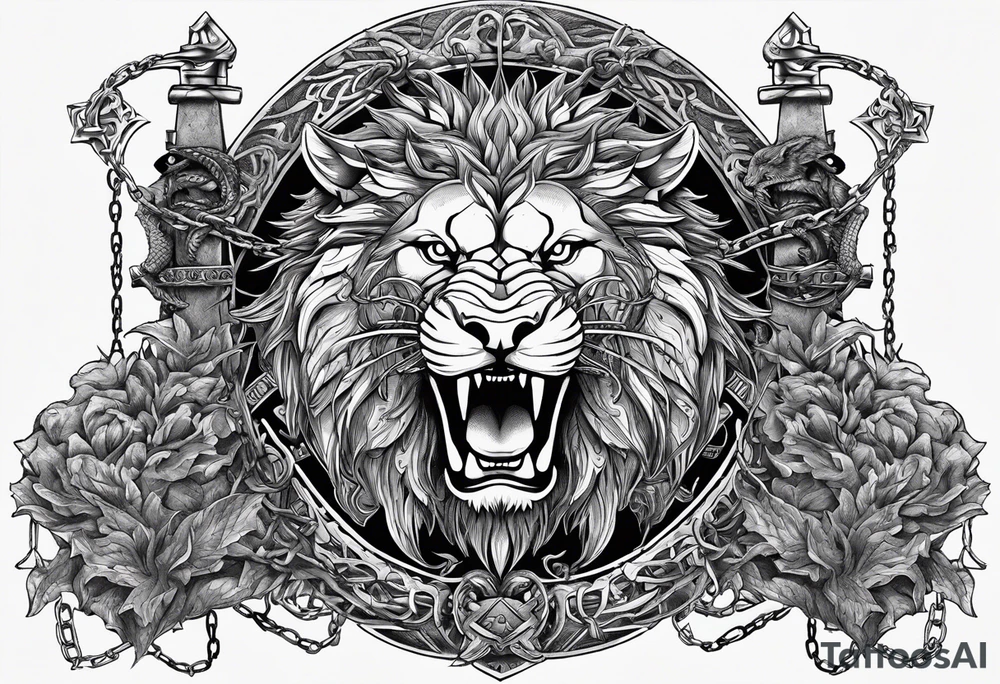 Valhalla sword shield  axe lion dragon 
Valknut barbed wire chains tattoo idea