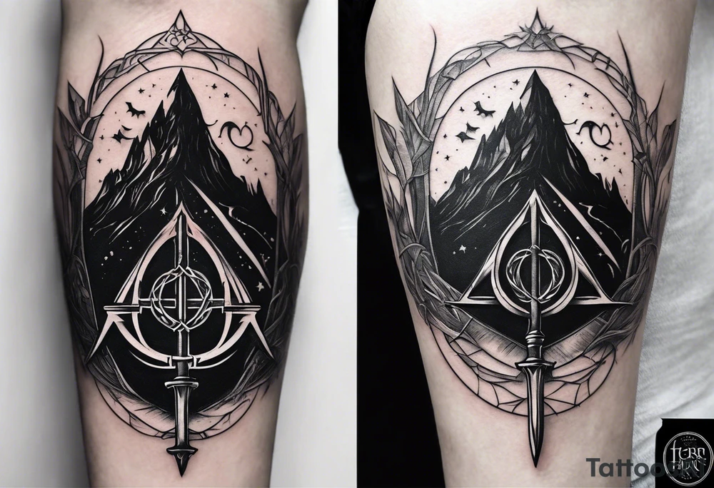 Lord of the rings with Harry Potter incorporated but clear visual of both movies. Small and minimal. Something like the deathly hallows symbol made out of swords and wizard staff from LOTR tattoo idea
