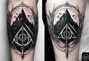 Lord of the rings with Harry Potter incorporated but clear visual of both movies. Small and minimal. Something like the deathly hallows symbol made out of swords and wizard staff from LOTR tattoo idea
