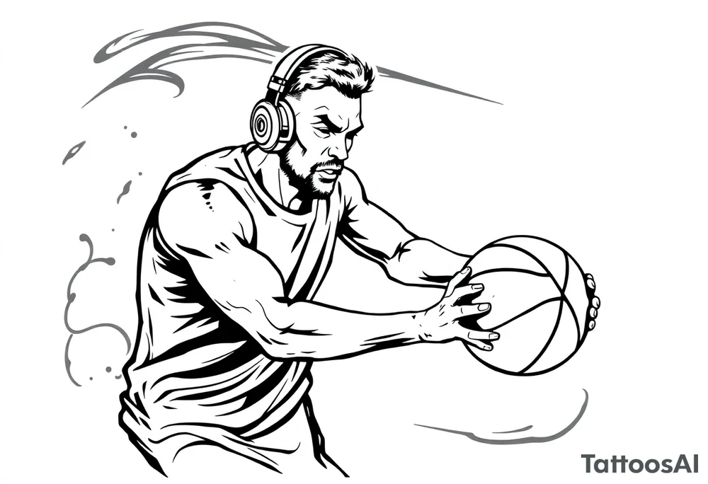 A guy dribbling a basketball with headphones on tattoo idea