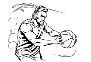 A guy dribbling a basketball with headphones on tattoo idea