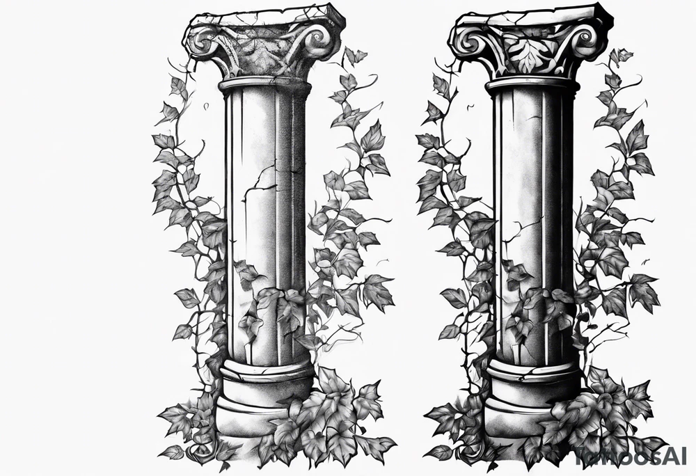 Half of a roman pillar with the word "OMNIA" inscribed on the top. It has cracks in the middle and overgrown ivy at the bottom. tattoo idea