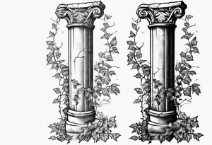 Half of a roman pillar with the word "OMNIA" inscribed on the top. It has cracks in the middle and overgrown ivy at the bottom. tattoo idea