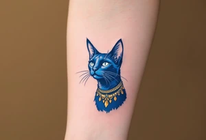 A cobalt-blue Bastet cat with gold earrings and collar, radiating mystery and protection. tattoo idea
