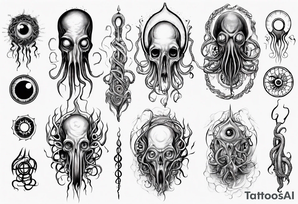 lovecraft long tattoo to put on the forearm, with eye and tentacle tattoo idea