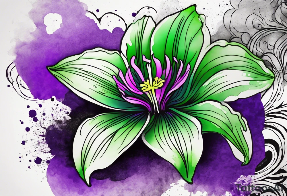A mystical outline of a green and purple rio dipladenia flower and a green and purple watercolor splash in the background tattoo idea