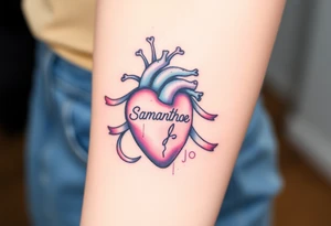 anatomical heart with flowing ribbons with the name Samantha Jo tattoo idea