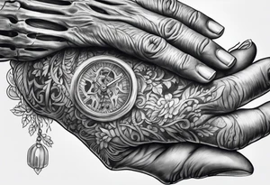 Hand of nurse reaching for skeleton hand. tattoo idea