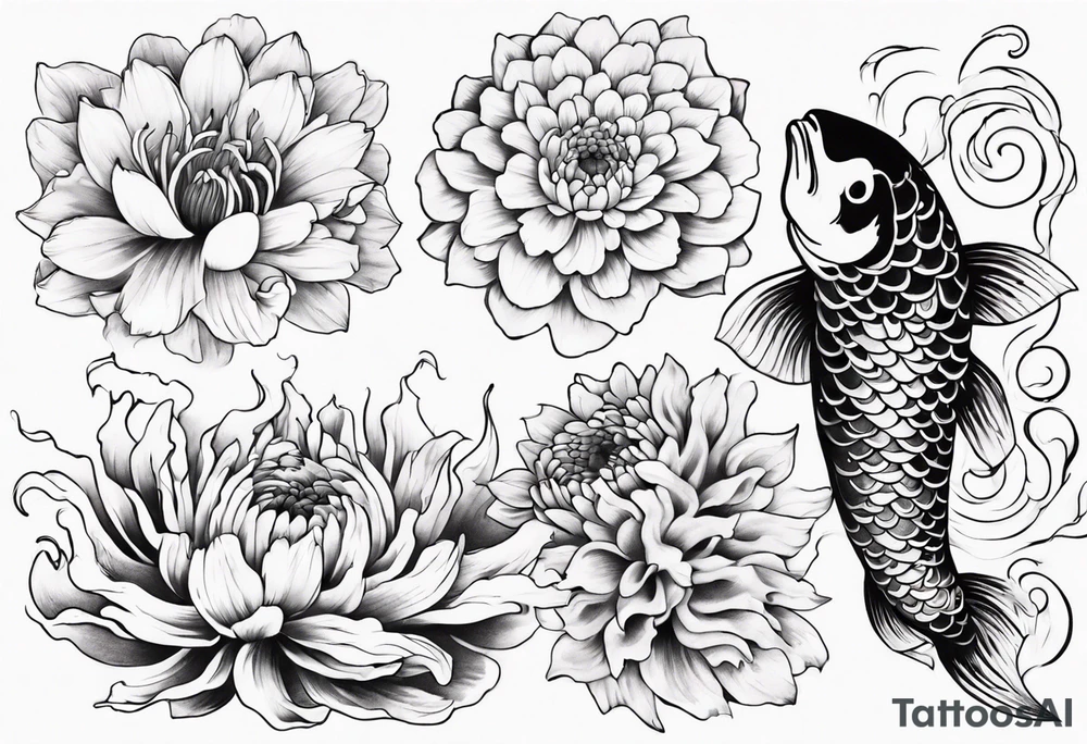 Japanese style tattoo koi daffodils, chrysanthemum and waves tattoo idea