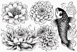 Japanese style tattoo koi daffodils, chrysanthemum and waves tattoo idea