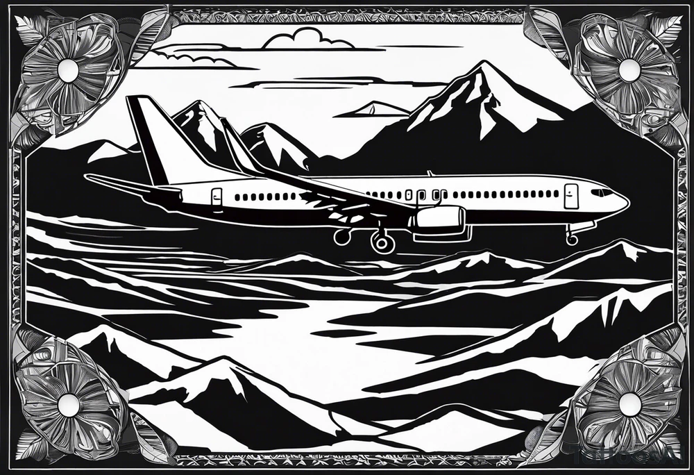 boeing 737 silhouette viewed from infront of the plane, and the silhouette is filled in with mountain scenery, and has a thin black lined border in an oblong diamond shape tattoo idea