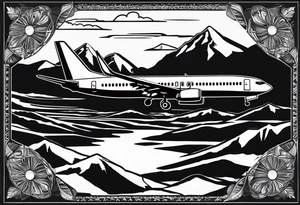 boeing 737 silhouette viewed from infront of the plane, and the silhouette is filled in with mountain scenery, and has a thin black lined border in an oblong diamond shape tattoo idea