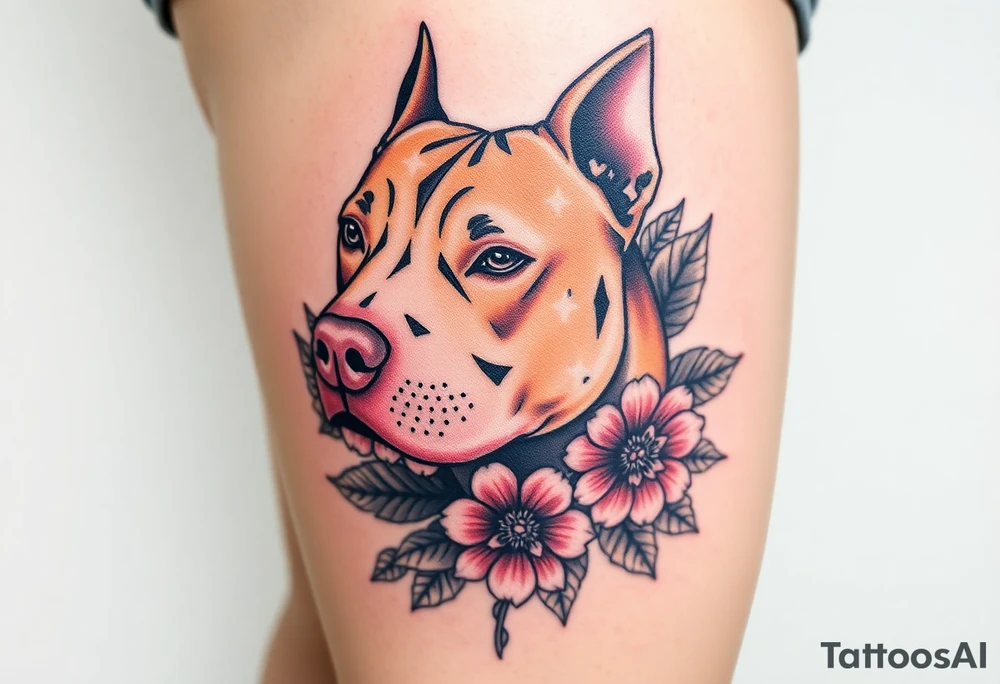 Fawn and white Pitbull head with flowers tattoo idea