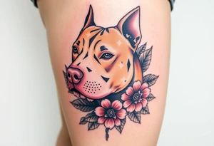 Fawn and white Pitbull head with flowers tattoo idea