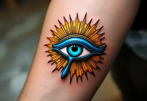A turquoise Eye of Ra framed in a sunburst of gold and ochre rays. tattoo idea