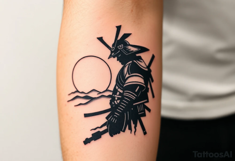 noble samurai warrior silhouette at sunset with cherry blossoms tattoo idea