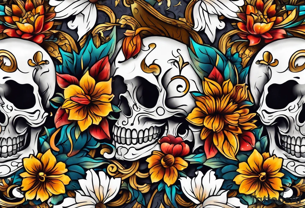Old school center Knee tattoo with skulls, various flowers, water shapes and fall colors tattoo idea