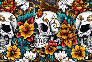 Old school center Knee tattoo with skulls, various flowers, water shapes and fall colors tattoo idea