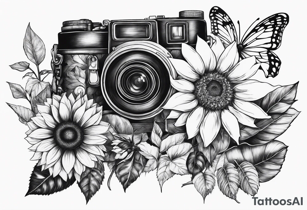 Flower : rose , sunflower, camera, butterfly tattoo idea