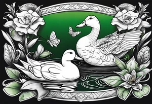 A white Duck a green toad and a moth playing together in a pond tattoo idea