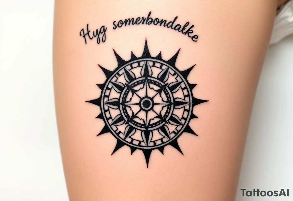 Three dimensional sundial casting shadow with handwriting “Hug somebody ya like” above. tattoo idea