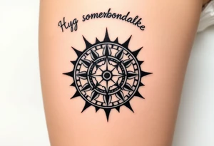 Three dimensional sundial casting shadow with handwriting “Hug somebody ya like” above. tattoo idea