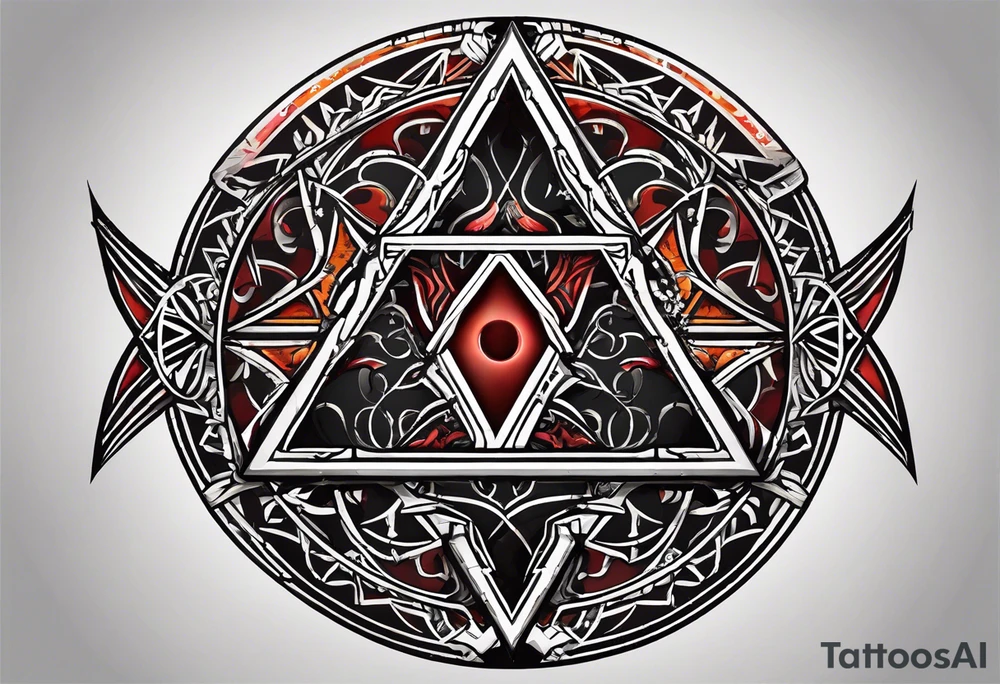 Simplistic symbol large delta inside a circle. Circle is made from chain. Shade of a letter K in a background. tattoo idea